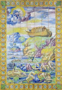Flise, der viser historien om Noah: Arken på Ararat-bjerget efter syndfloden, lavet i Rouen (fajance)
